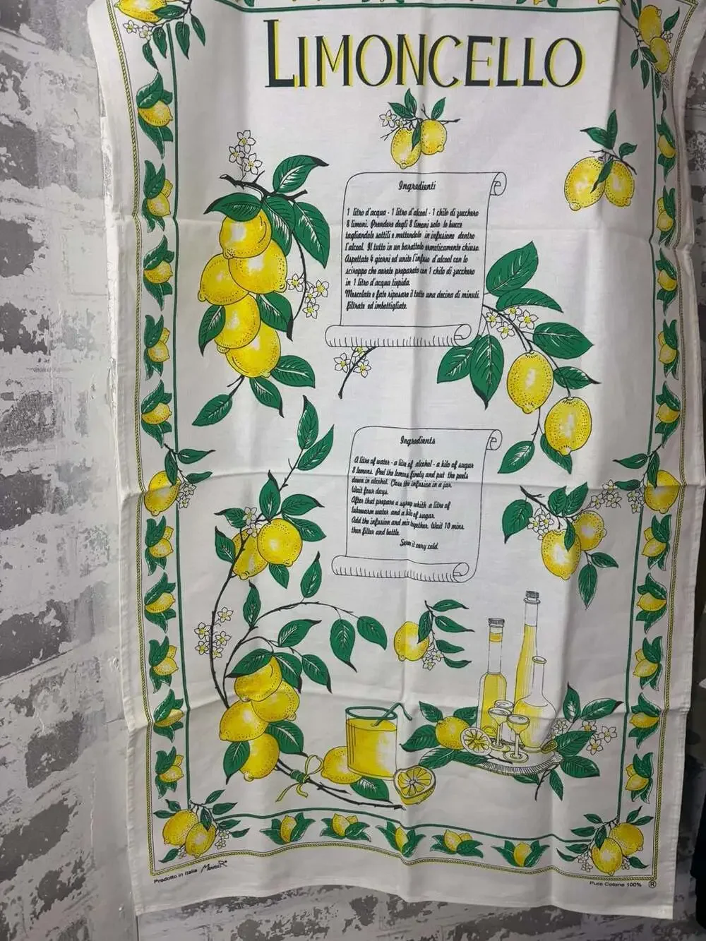 VtG  New Italy LIMONCELLO MonveniR Italian Recipe decor 22x 35 in. 100% cotton